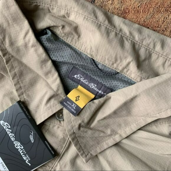 Eddie Bauer men's ripstop guide long sleeve exploration khaki button down shirt - Picture 3 of 9